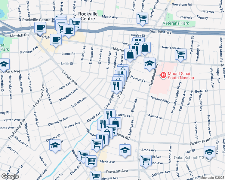 map of restaurants, bars, coffee shops, grocery stores, and more near 148 South Kensington Avenue in Rockville Centre