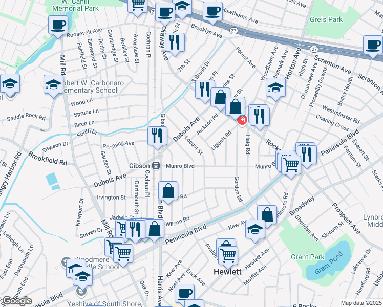 map of restaurants, bars, coffee shops, grocery stores, and more near 79 Munro Boulevard in Valley Stream