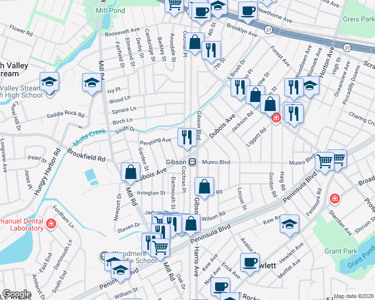 map of restaurants, bars, coffee shops, grocery stores, and more near 510 Dubois Avenue in Valley Stream