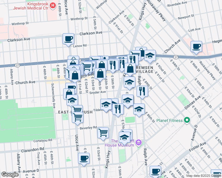 map of restaurants, bars, coffee shops, grocery stores, and more near 280A East 56th Street in Brooklyn