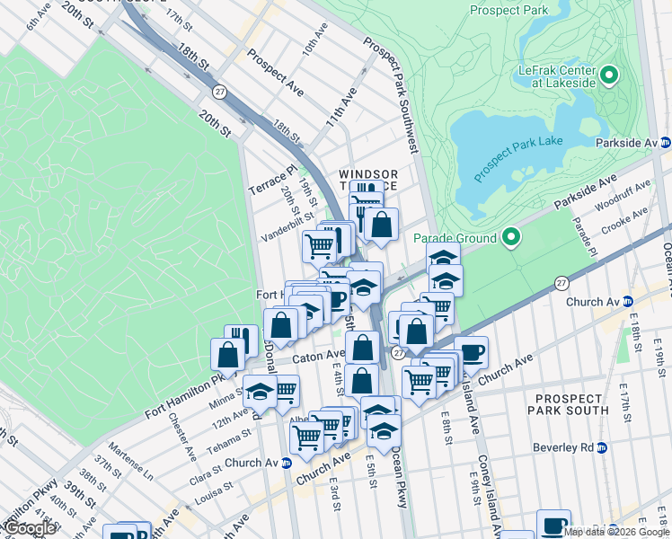 map of restaurants, bars, coffee shops, grocery stores, and more near 118 East 5th Street in Brooklyn