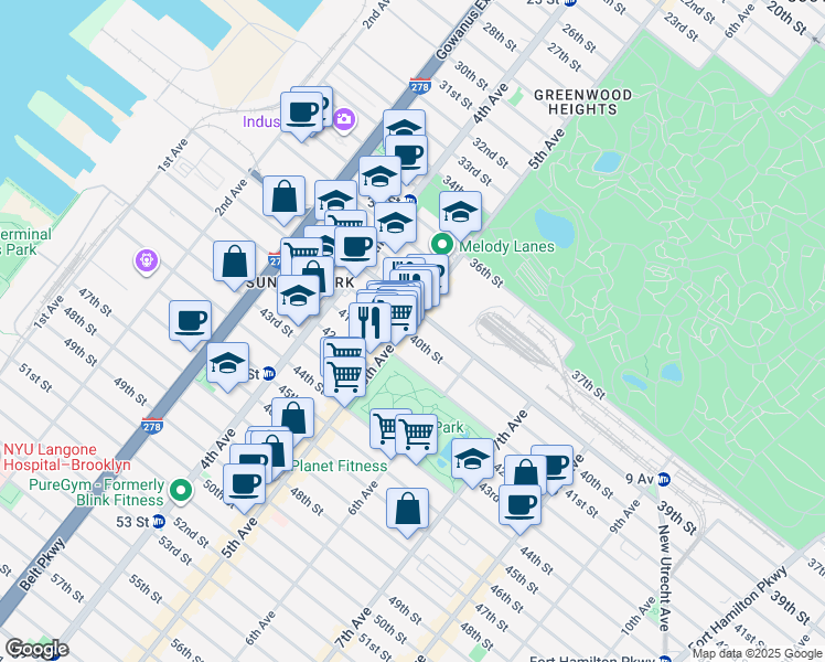 map of restaurants, bars, coffee shops, grocery stores, and more near 526 40th Street in Brooklyn