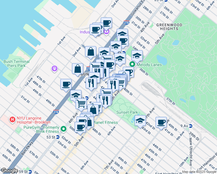 map of restaurants, bars, coffee shops, grocery stores, and more near 440 42nd Street in Brooklyn