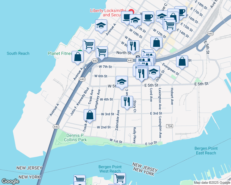 map of restaurants, bars, coffee shops, grocery stores, and more near 57-59 East 4th Street in Bayonne