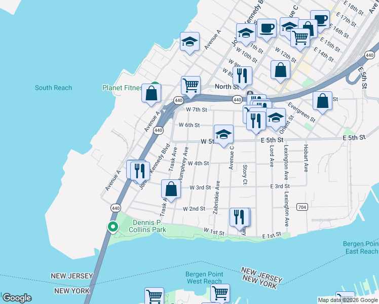 map of restaurants, bars, coffee shops, grocery stores, and more near 111 West 4th Street in Bayonne