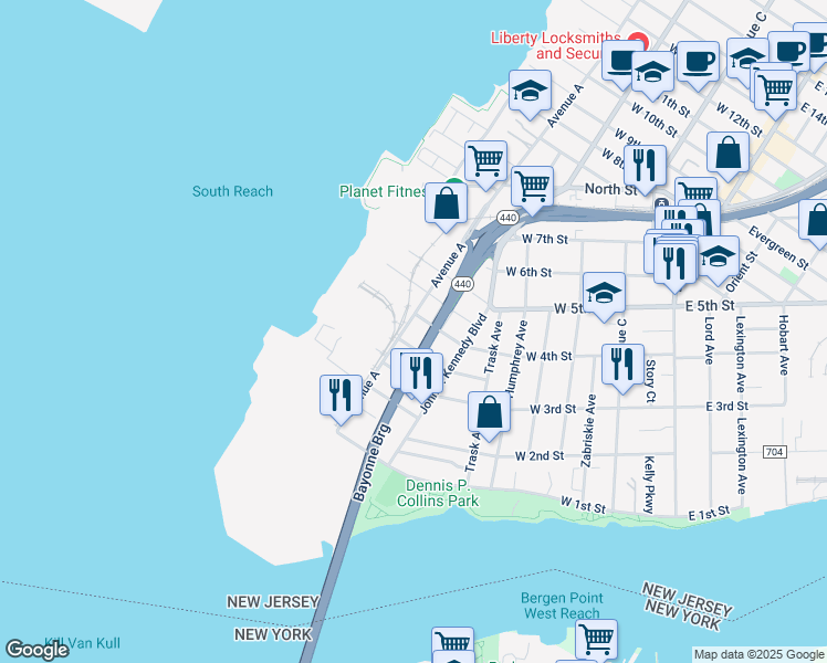 map of restaurants, bars, coffee shops, grocery stores, and more near 66-68 Avenue A in Bayonne