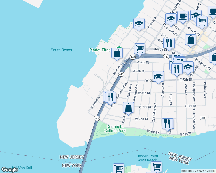 map of restaurants, bars, coffee shops, grocery stores, and more near 66-68 Avenue A in Bayonne