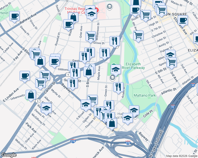 map of restaurants, bars, coffee shops, grocery stores, and more near 652-654 Summer Street in Elizabeth