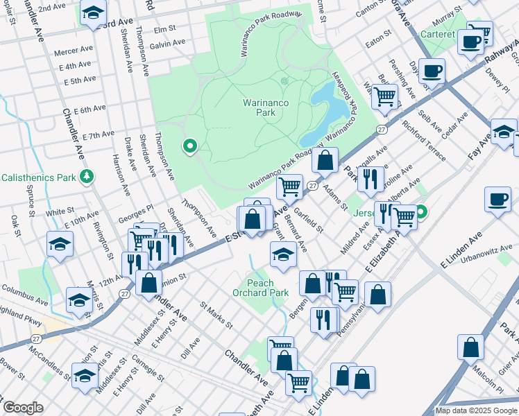 map of restaurants, bars, coffee shops, grocery stores, and more near 1537 East Saint Georges Avenue in Roselle