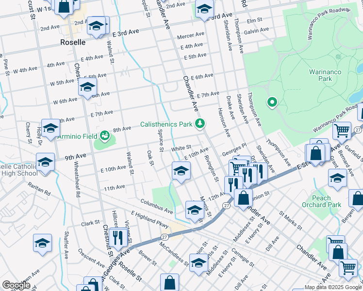 map of restaurants, bars, coffee shops, grocery stores, and more near 965 Morris Street in Roselle