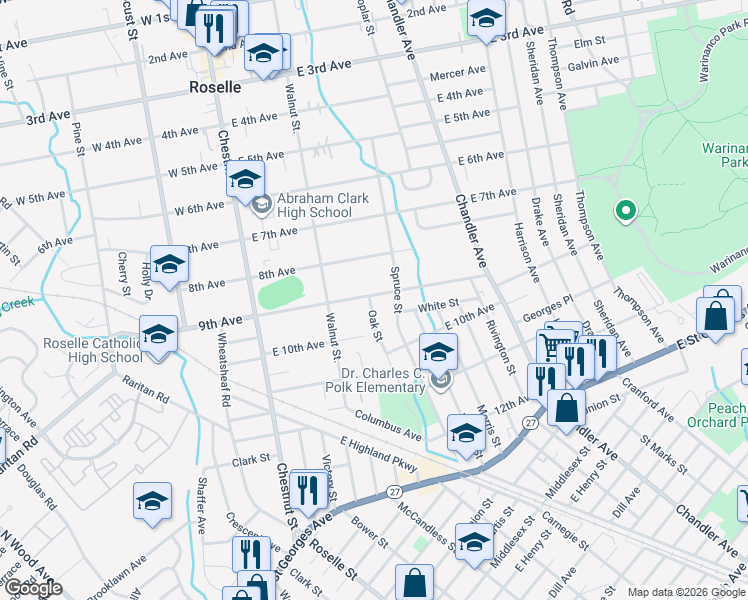 map of restaurants, bars, coffee shops, grocery stores, and more near 917 Oak Street in Roselle