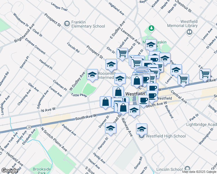 map of restaurants, bars, coffee shops, grocery stores, and more near 231 Clark Street in Westfield