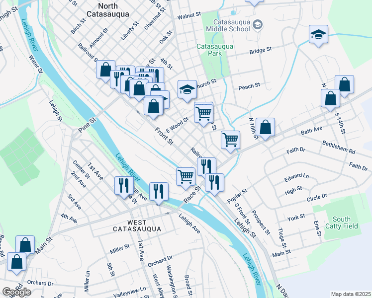 map of restaurants, bars, coffee shops, grocery stores, and more near 107 Front Street in Catasauqua