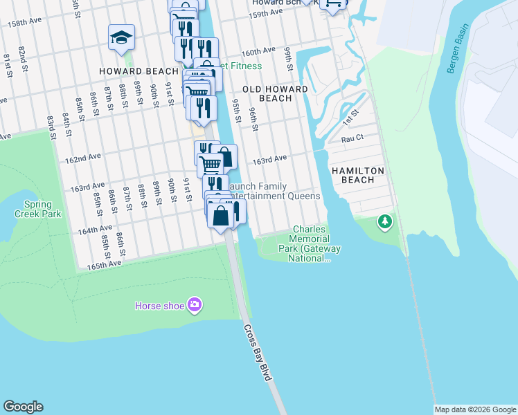 map of restaurants, bars, coffee shops, grocery stores, and more near 164-32 95th Street in Queens