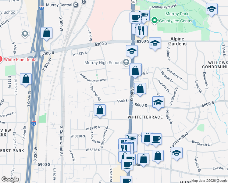 map of restaurants, bars, coffee shops, grocery stores, and more near 17 East Wilson Avenue in Murray