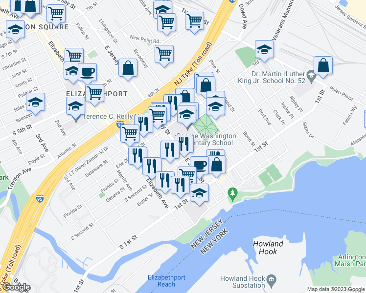 map of restaurants, bars, coffee shops, grocery stores, and more near 219 East Jersey Street in Elizabeth