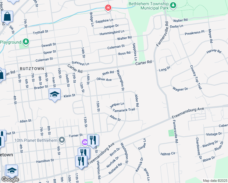 map of restaurants, bars, coffee shops, grocery stores, and more near 4125 Klein Street in Bethlehem