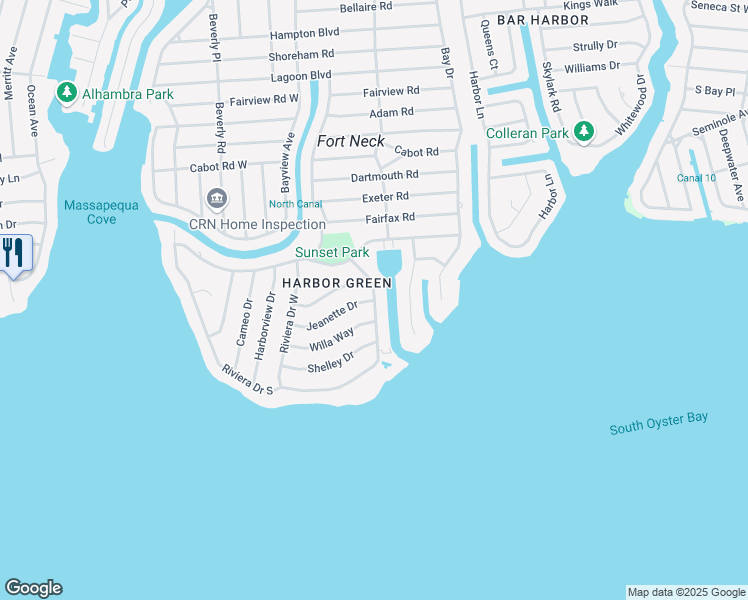 map of restaurants, bars, coffee shops, grocery stores, and more near Riviera Drive East in Massapequa