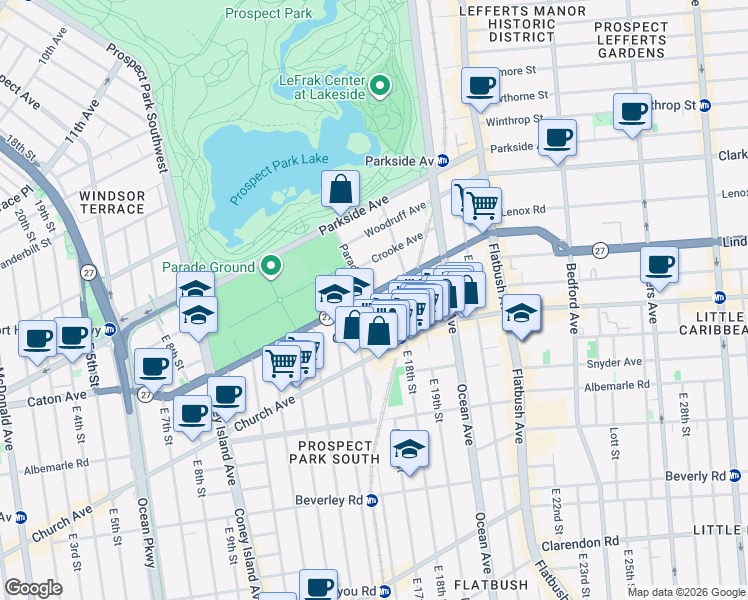 map of restaurants, bars, coffee shops, grocery stores, and more near 1622 Caton Avenue in Brooklyn
