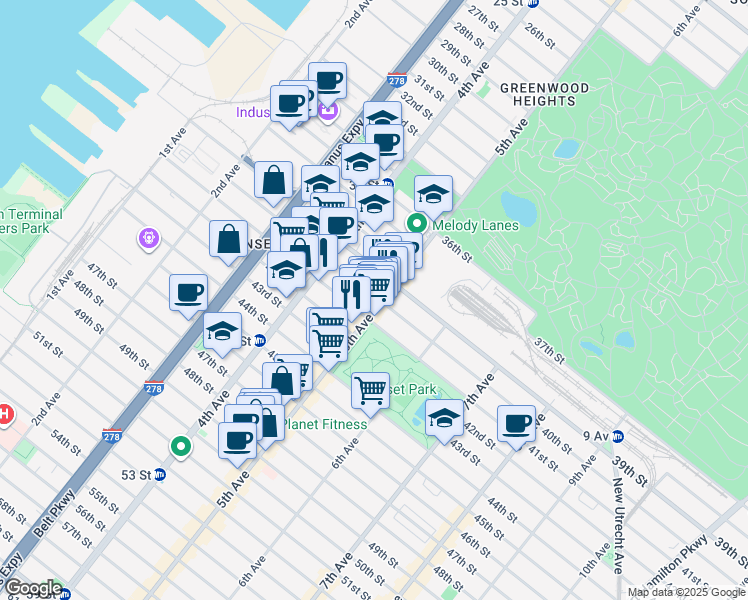 map of restaurants, bars, coffee shops, grocery stores, and more near 4104 5th Avenue in Brooklyn