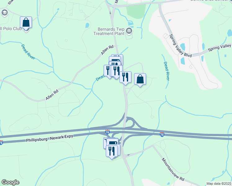 map of restaurants, bars, coffee shops, grocery stores, and more near 645 Martinsville Road in Basking Ridge