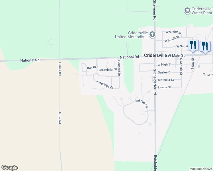 map of restaurants, bars, coffee shops, grocery stores, and more near 700 Briarwood Court in Cridersville