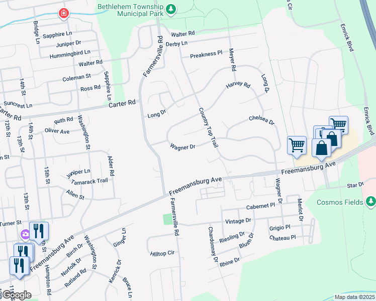 map of restaurants, bars, coffee shops, grocery stores, and more near 4438 Wagner Drive in Bethlehem