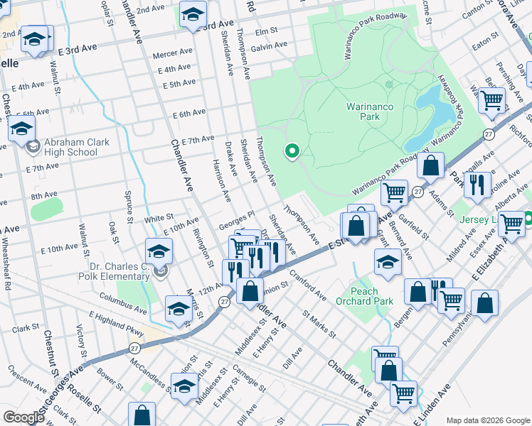 map of restaurants, bars, coffee shops, grocery stores, and more near 927 Sheridan Avenue in Roselle