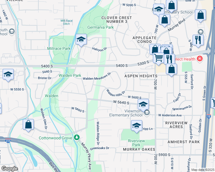 map of restaurants, bars, coffee shops, grocery stores, and more near 932 Walden Meadows Drive in Murray