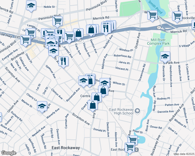 map of restaurants, bars, coffee shops, grocery stores, and more near 260 Rocklyn Avenue in East Rockaway