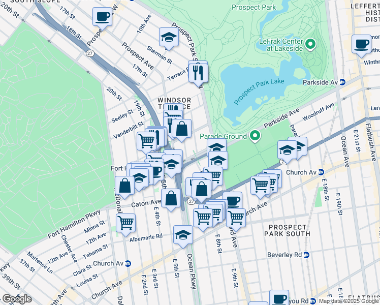 map of restaurants, bars, coffee shops, grocery stores, and more near 30 Ocean Parkway in Brooklyn