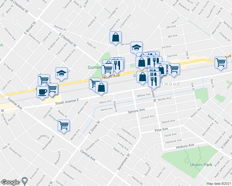 map of restaurants, bars, coffee shops, grocery stores, and more near 530 South Avenue in Garwood