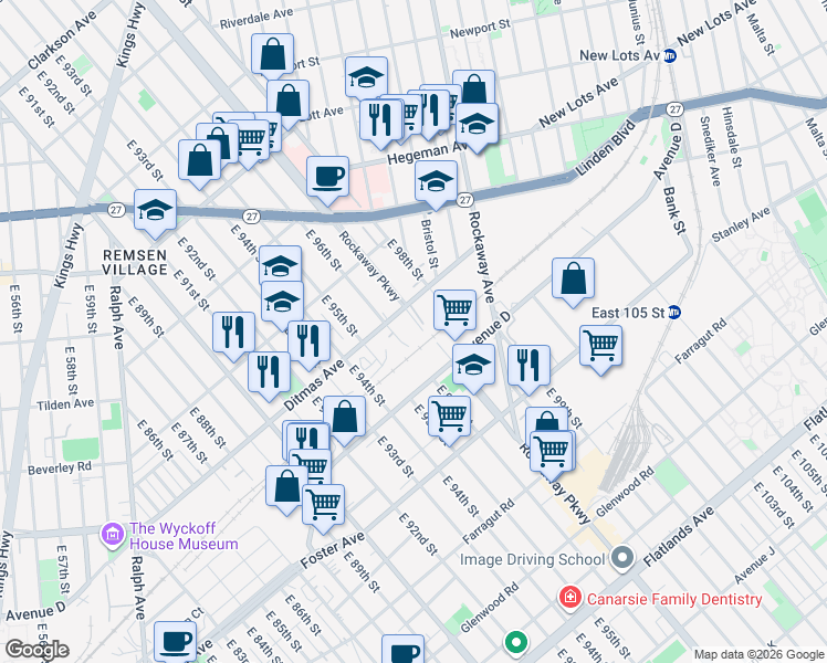 map of restaurants, bars, coffee shops, grocery stores, and more near 742 Roackaway Parkway in Brooklyn