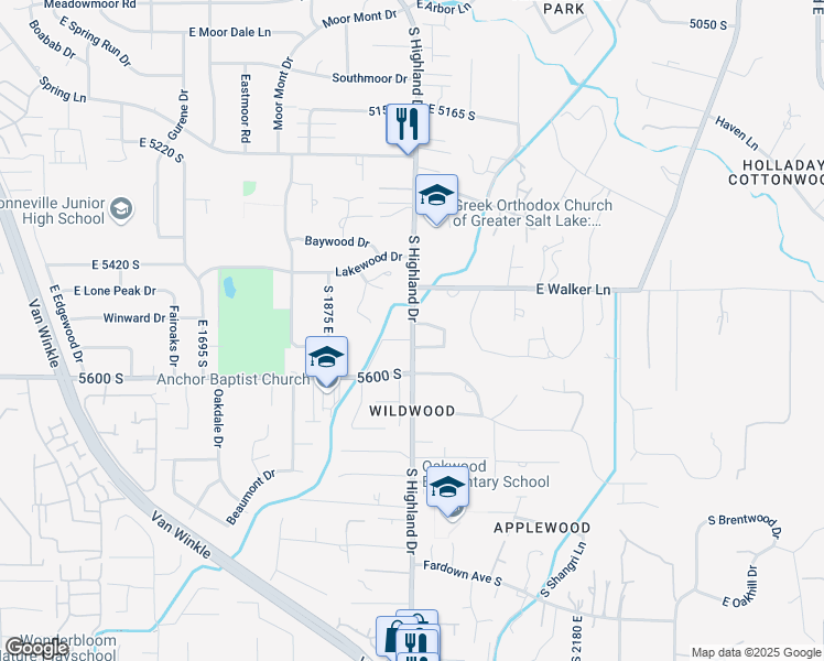 map of restaurants, bars, coffee shops, grocery stores, and more near 5544 Highland Drive in Holladay
