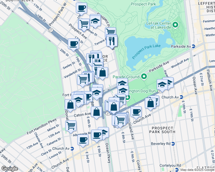 map of restaurants, bars, coffee shops, grocery stores, and more near 30 Ocean Parkway in Brooklyn