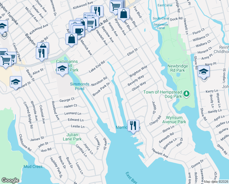 map of restaurants, bars, coffee shops, grocery stores, and more near 2787 Bay Drive in Merrick