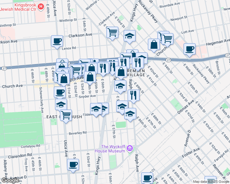 map of restaurants, bars, coffee shops, grocery stores, and more near 5735 Kingshigwy in Brooklyn