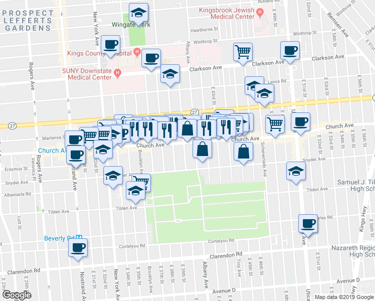 map of restaurants, bars, coffee shops, grocery stores, and more near 4015 Church Avenue in Brooklyn