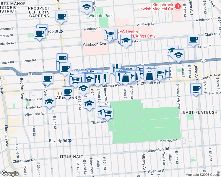 map of restaurants, bars, coffee shops, grocery stores, and more near 3707 Church Avenue in Brooklyn