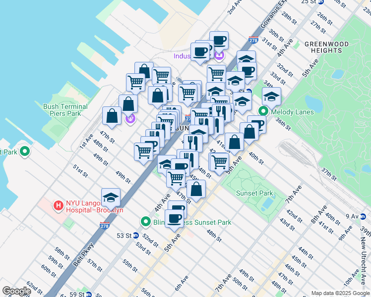 map of restaurants, bars, coffee shops, grocery stores, and more near 319 43rd Street in Brooklyn