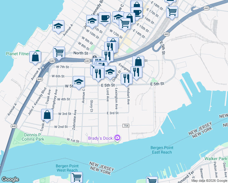 map of restaurants, bars, coffee shops, grocery stores, and more near 57 East 5th Street in Bayonne