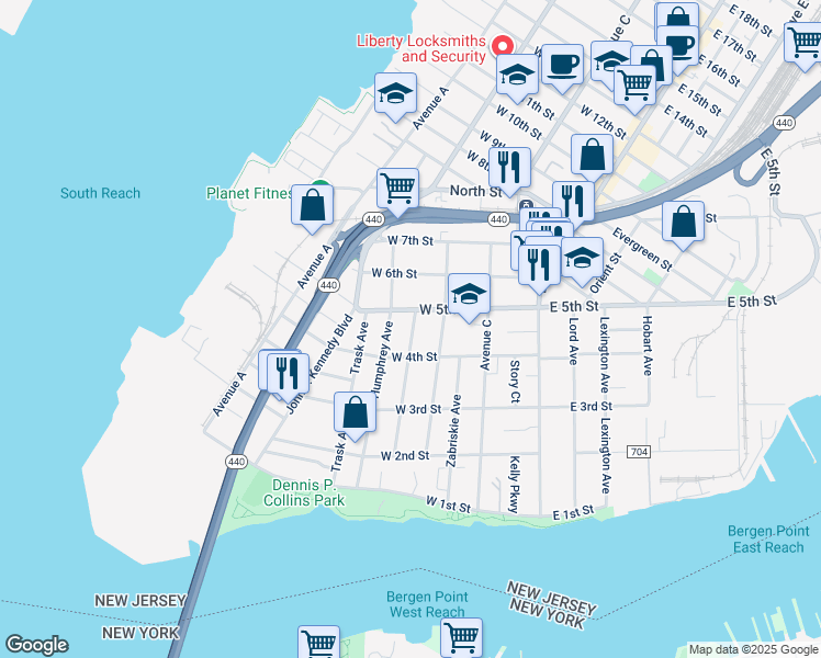 map of restaurants, bars, coffee shops, grocery stores, and more near 91 West 5th Street in Bayonne