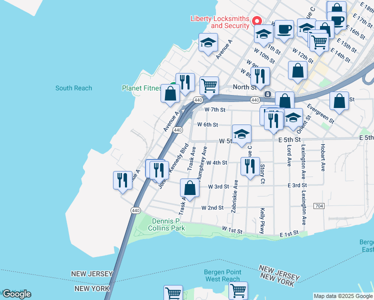 map of restaurants, bars, coffee shops, grocery stores, and more near 134 West 5th Street in Bayonne