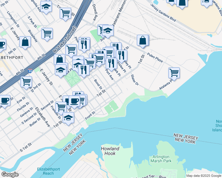map of restaurants, bars, coffee shops, grocery stores, and more near 111 Pine Street in Elizabeth