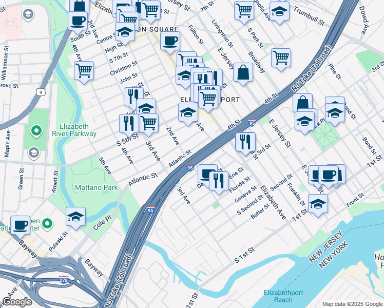 map of restaurants, bars, coffee shops, grocery stores, and more near 28 Rankin Street in Elizabeth
