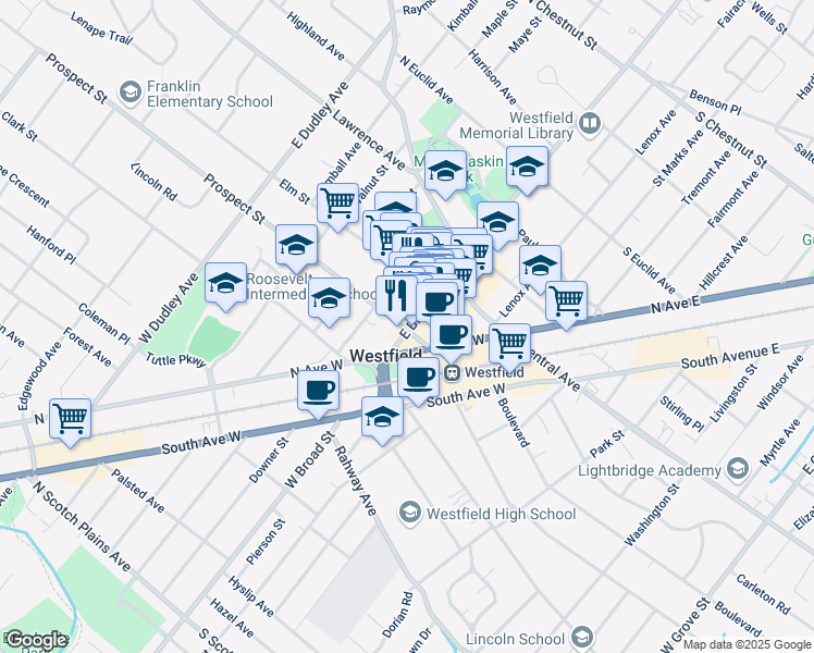 map of restaurants, bars, coffee shops, grocery stores, and more near 143 East Broad Street in Westfield