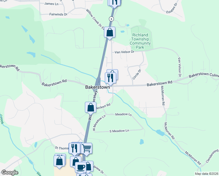 map of restaurants, bars, coffee shops, grocery stores, and more near in Bakerstown