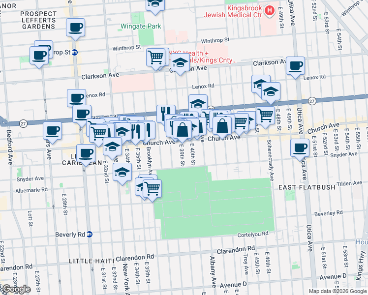 map of restaurants, bars, coffee shops, grocery stores, and more near 263 East 39th Street in Brooklyn