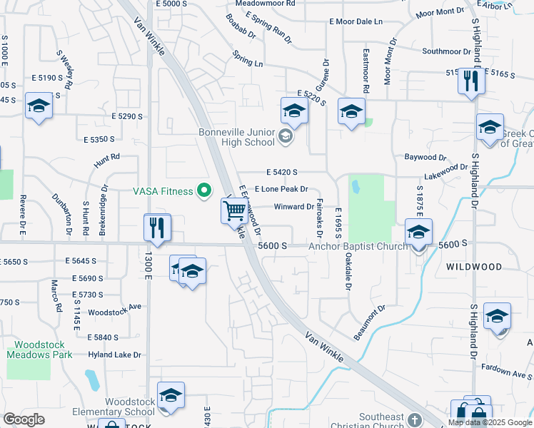 map of restaurants, bars, coffee shops, grocery stores, and more near 5632 South Park Place West in Holladay
