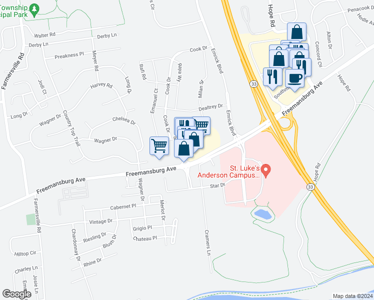 map of restaurants, bars, coffee shops, grocery stores, and more near 4753 Freemansburg Avenue in Bethlehem